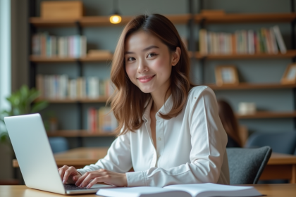 Jeune femme souriante apprend l'anglais sur son ordinateur