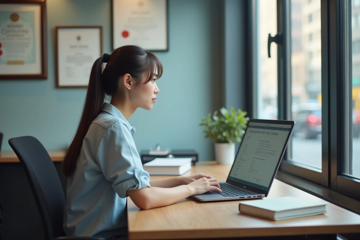 Jeune femme étudiante concentrée sur son ordinateur en intérieur