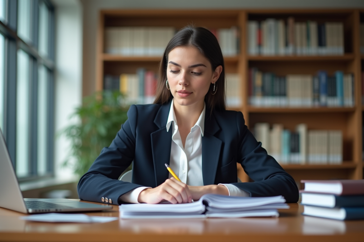 Jeune femme en bibliothèque universitaire avec livres et ordinateur