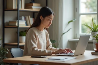 Jeune femme au bureau moderne vérifiant ses réglages sur son ordinateur