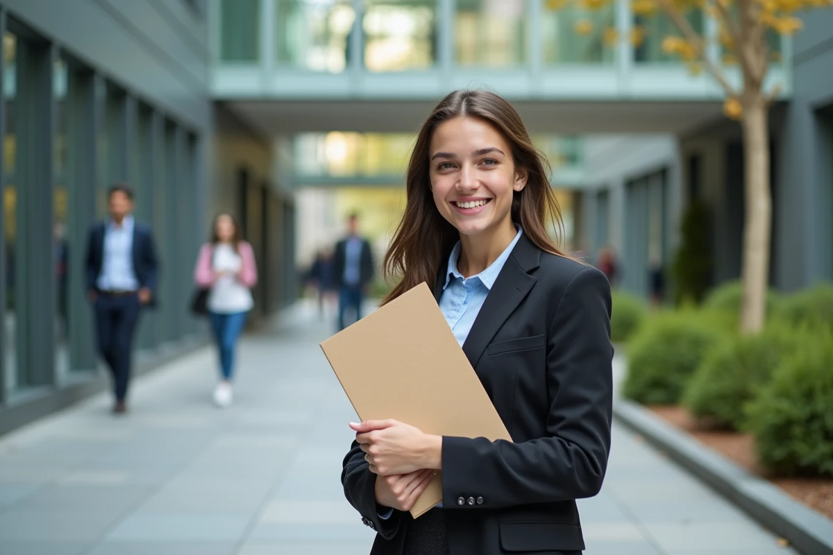Jeune femme souriante devant un bâtiment universitaire moderne