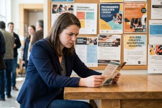 Jeune femme concentrée lisant une brochure dans un centre communautaire
