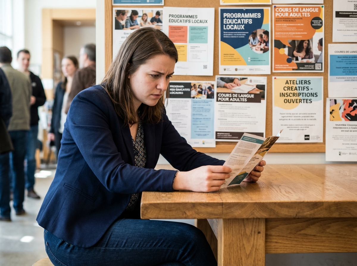 Jeune femme concentrée lisant une brochure dans un centre communautaire