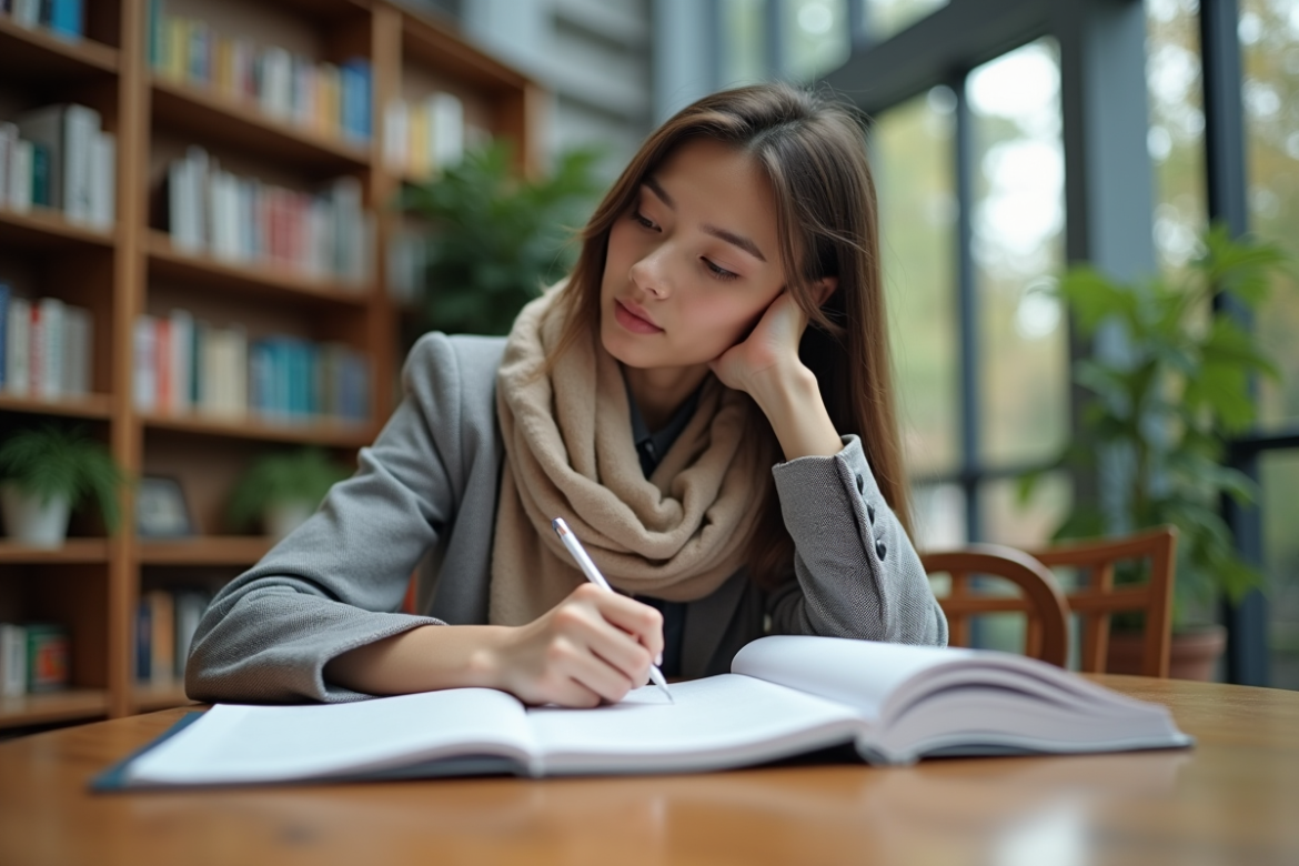 Jeune femme en étude concentrée dans une bibliothèque universitaire