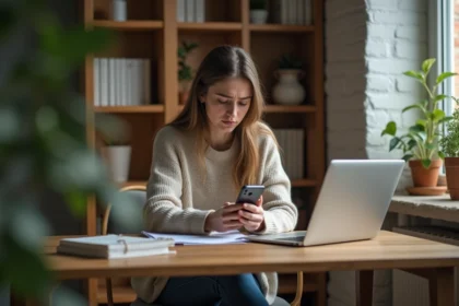 Jeune femme concentrée vérifiant son smartphone dans une étude