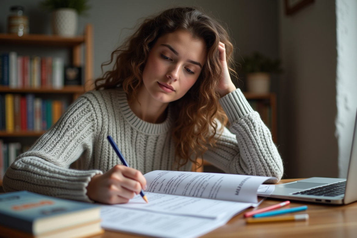 Jeune femme étudie la littérature avec notes et livres