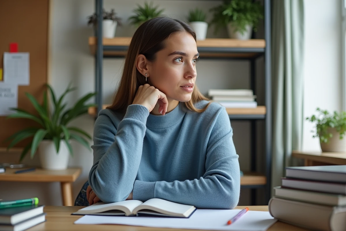Jeune femme en sweater bleu et jeans dans un bureau lumineux