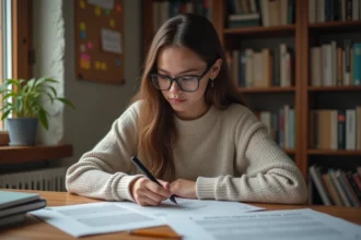 Jeune femme concentrée à étudier ses notes de philosophie