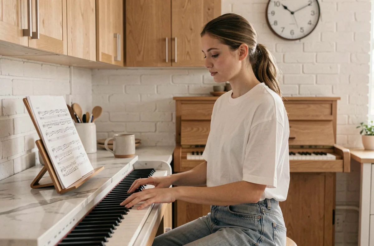 Jeune femme révisant une partition de piano pendant une courte pause dans sa cuisine moderne