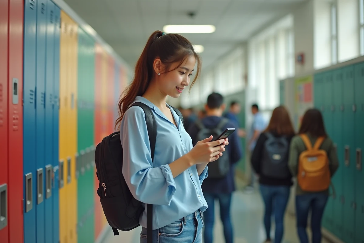 Jeune fille souriante dans couloir de lycée avec casiers