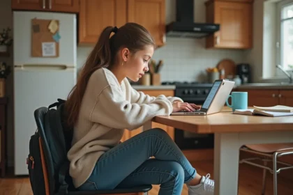 Jeune fille concentrée utilisant une tablette dans la cuisine familiale