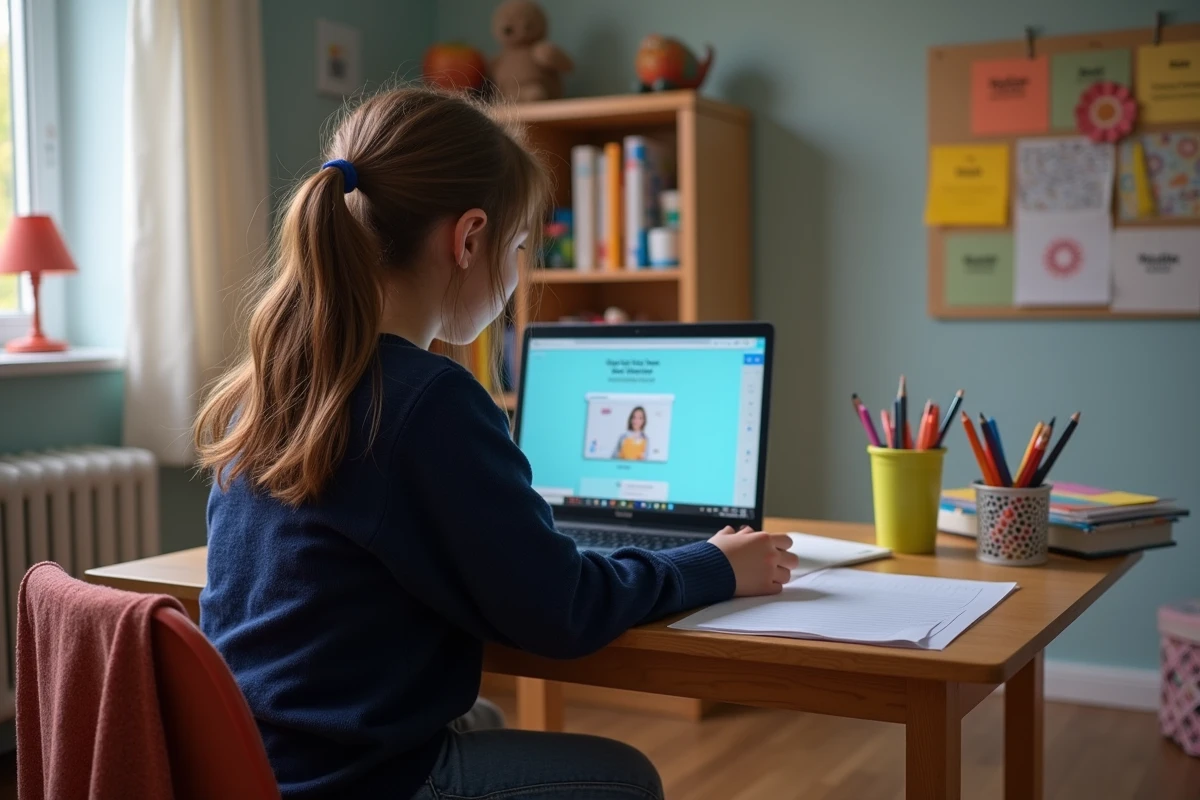 Jeune fille de 12 ans concentrée sur son ordinateur portable à la maison