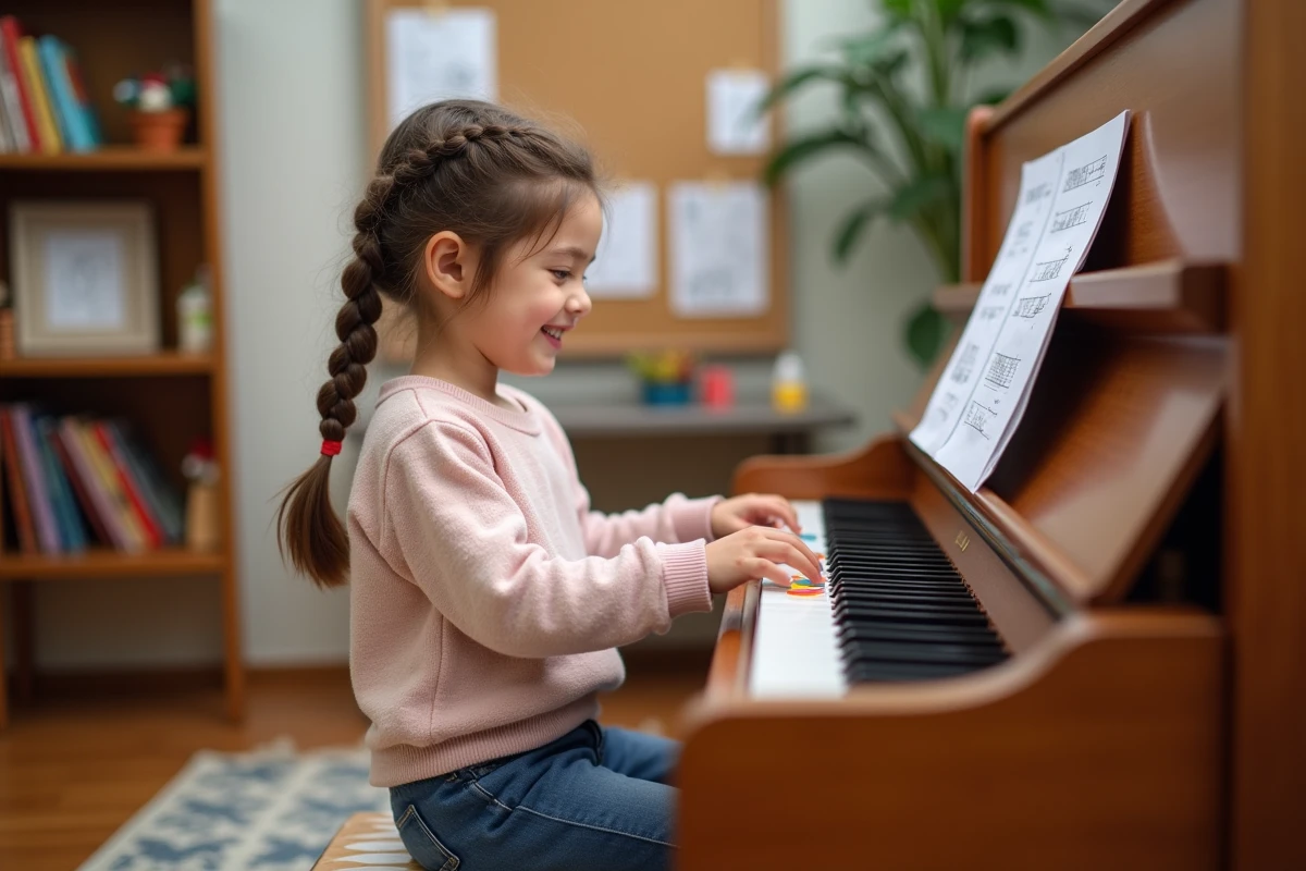 Jeune fille jouant du piano avec des stickers colorés