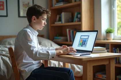 Jeune garçon en blanc et jeans au bureau avec ordinateur