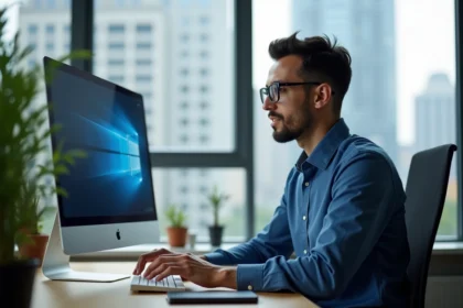 Jeune homme en bureau moderne utilisant un ordinateur Windows
