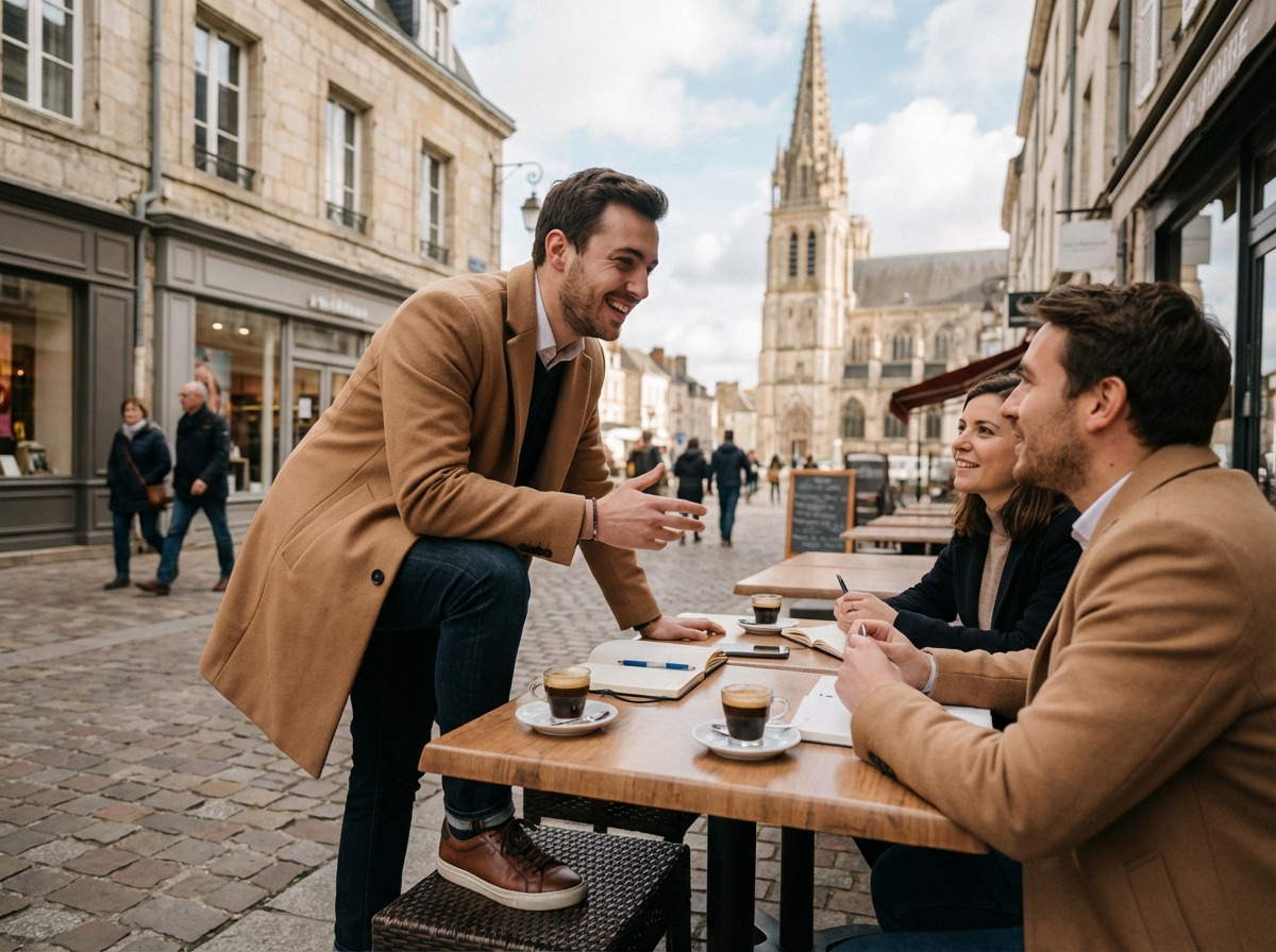 Jeune homme discutant avec collègues au café à Mantes
