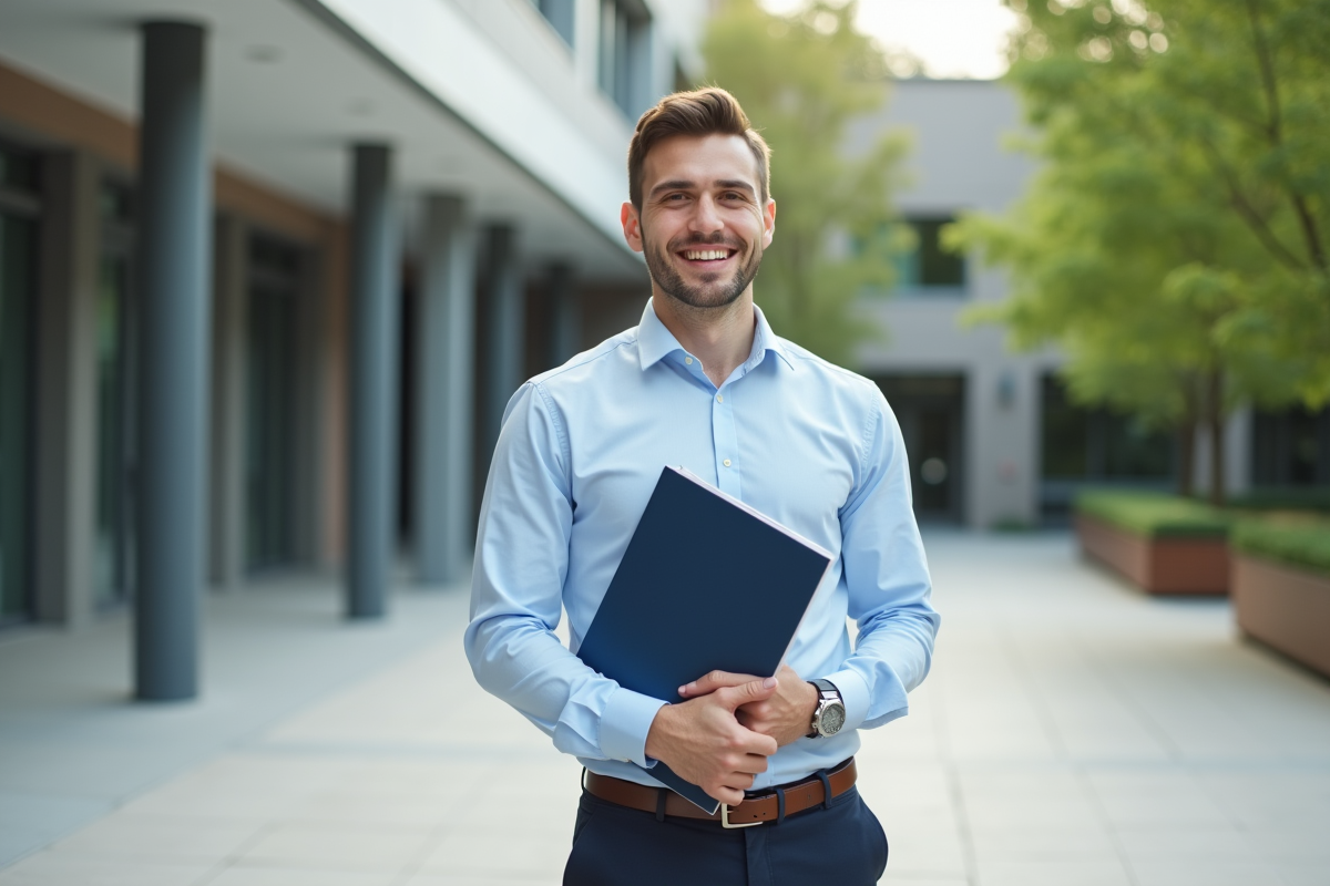 Jeune homme souriant avec un diplôme devant une université
