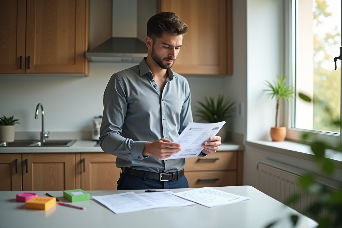 Jeune homme comparant des CVs imprimés dans une cuisine lumineuse