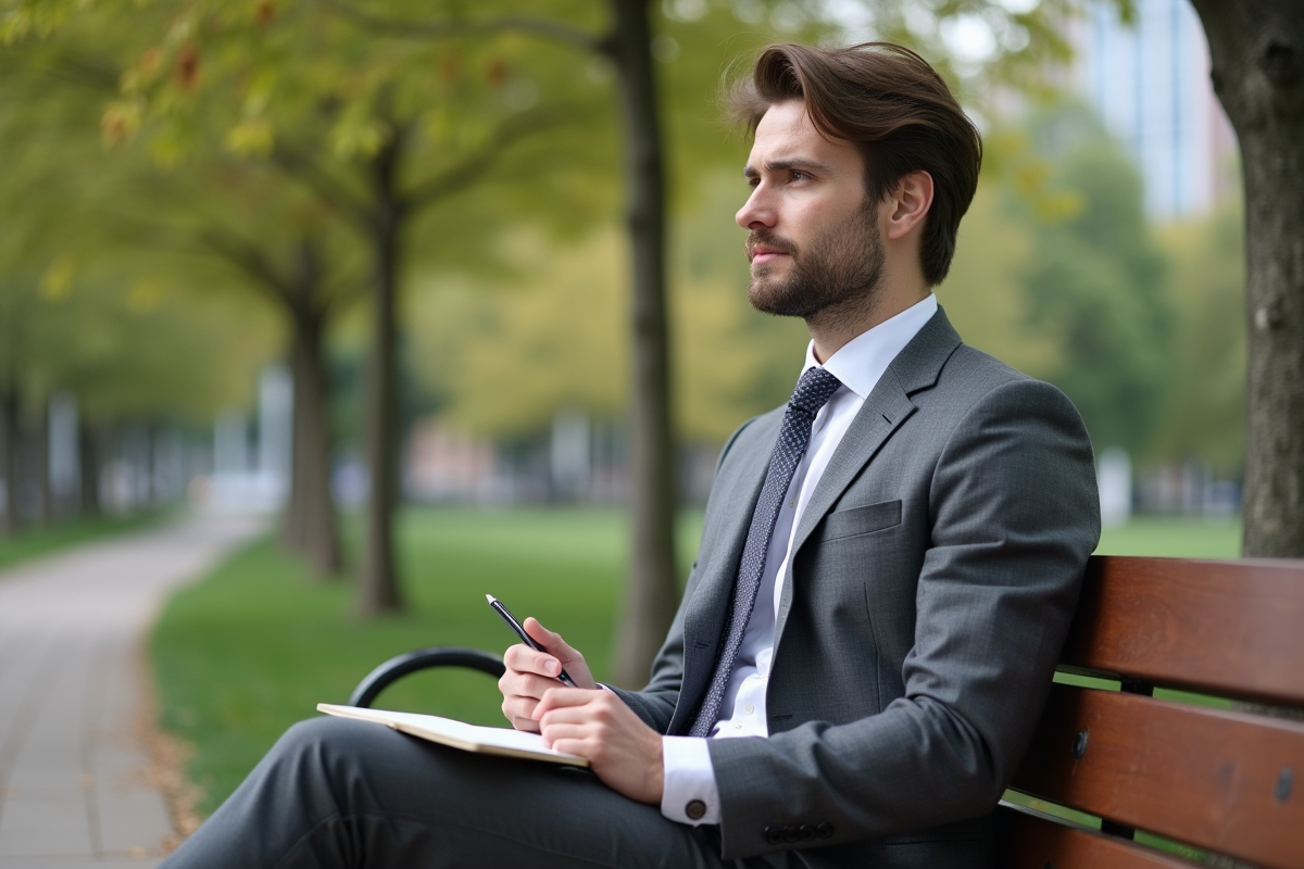 Jeune homme en parc avec carnet et stylo pour coaching
