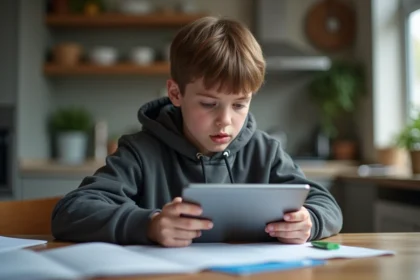 Adolescent concentré sur un test de sécurité routière sur tablette