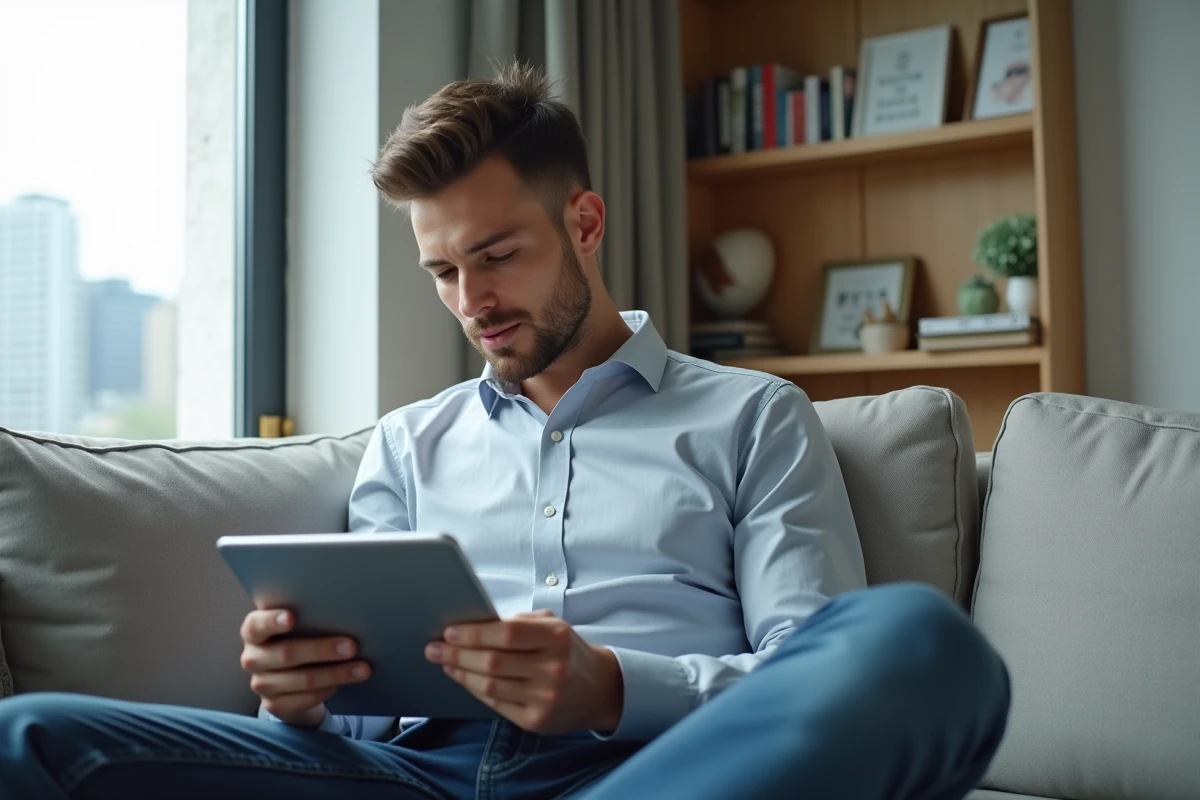 Jeune homme utilisant une tablette dans un salon urbain lumineux