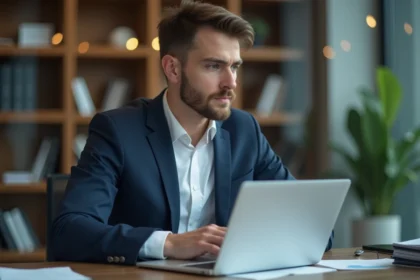 Jeune homme en costume au bureau avec ordinateur