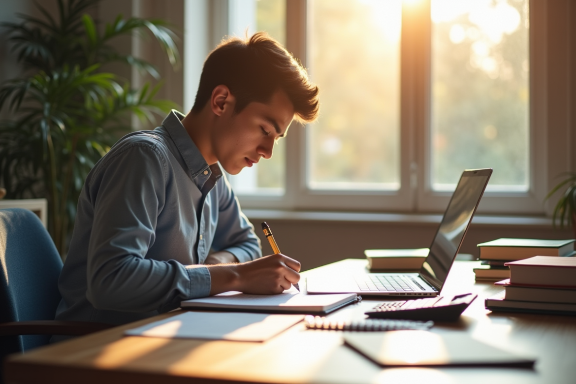 Jeune professionnel étudiant à un bureau organisé avec livres et calculatrice