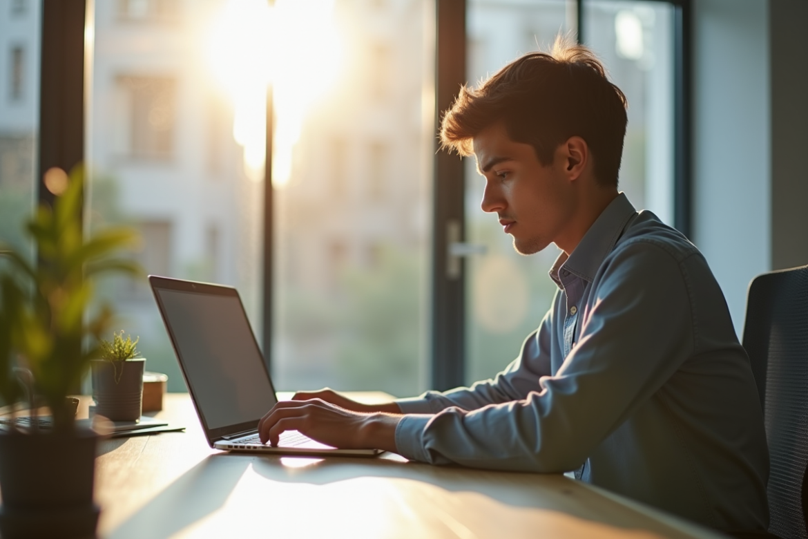 Jeune professionnel cherchant un emploi sur un ordinateur lumineux