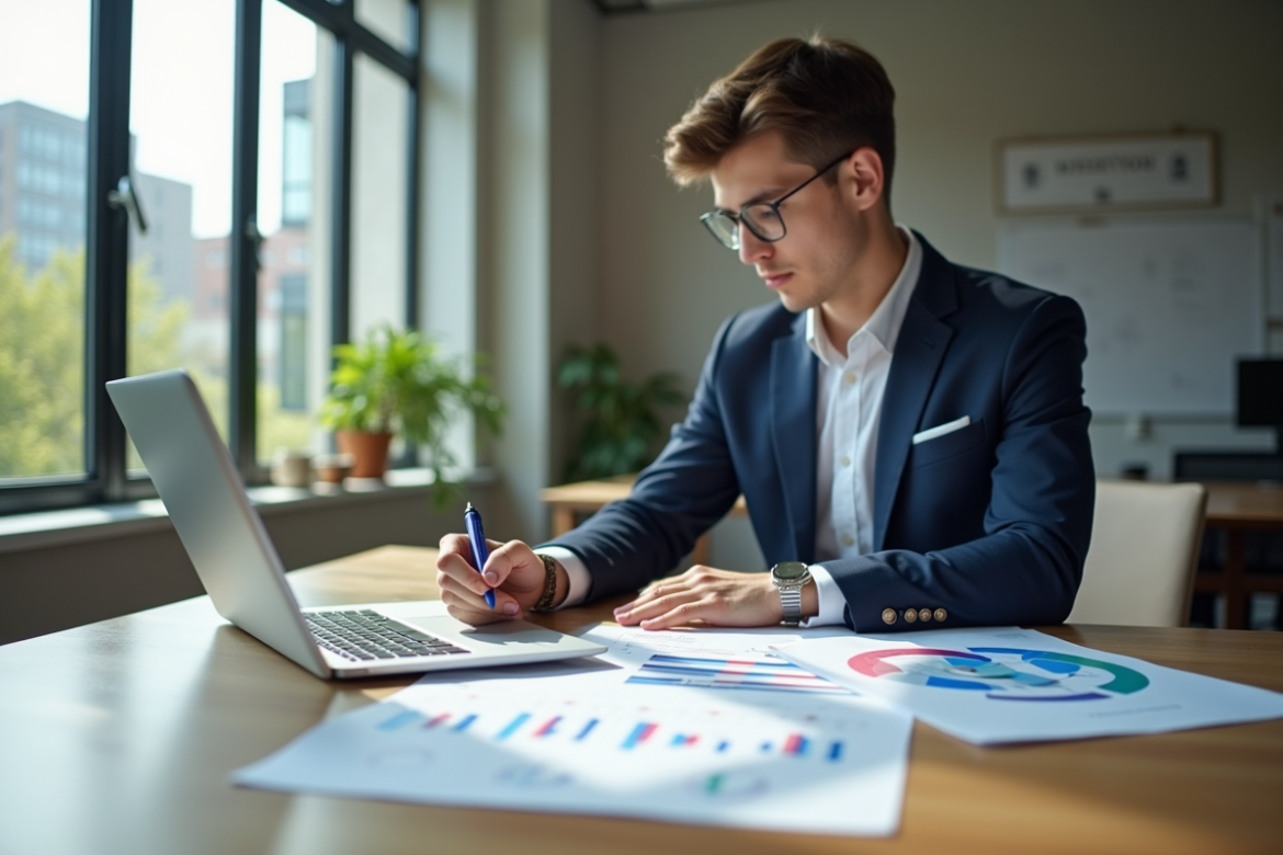 Jeune professionnel au bureau avec documents marketing