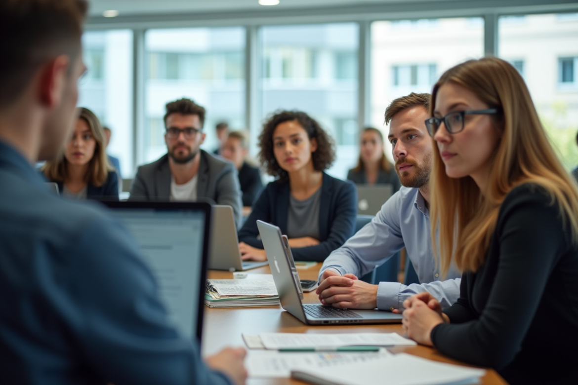 Groupe de jeunes adultes en salle lumineuse en formation