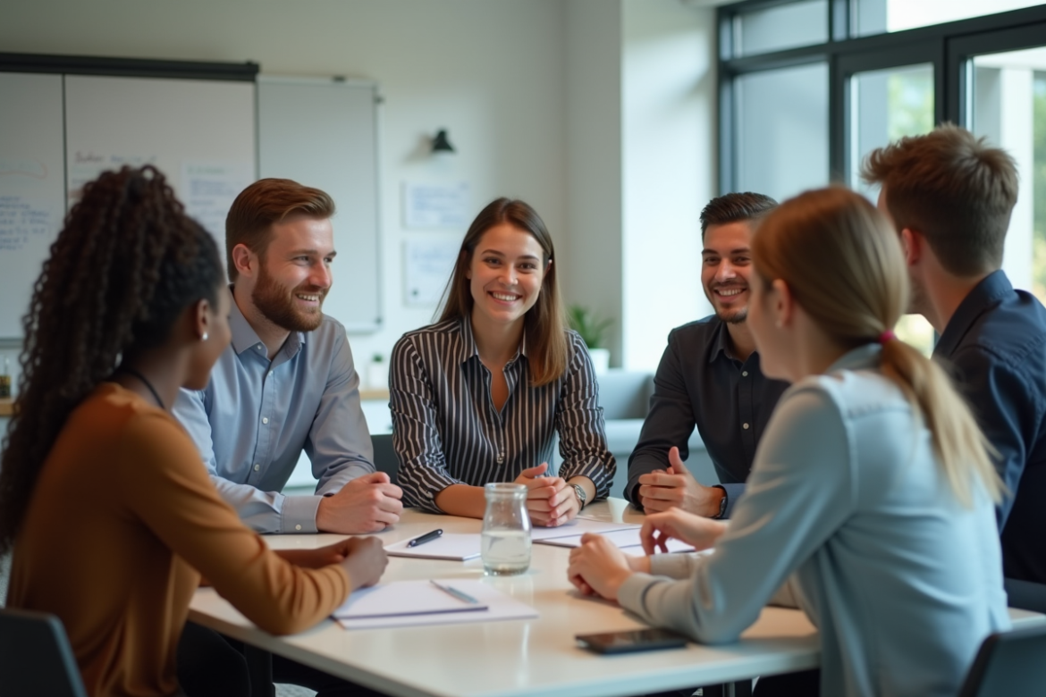 Groupe d'internes divers en discussion dans un bureau lumineux