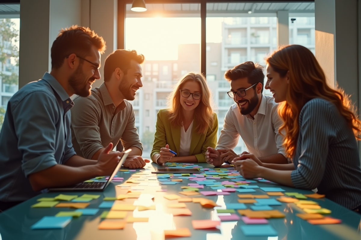 Jeunes professionnels en réunion avec notes et tablettes