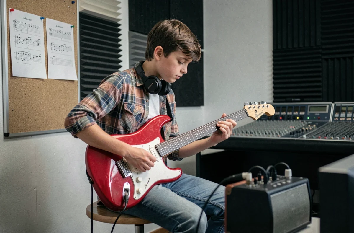 Un adolescent jouant de la guitare électrique dans un studio de La Fontaine à Brie-Comte-Robert