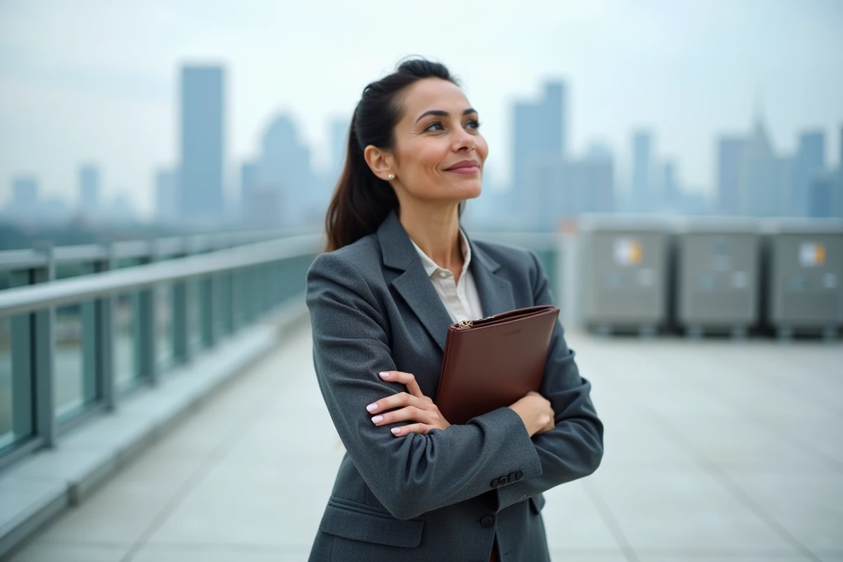Une professionnelle ambitieuse sur un toit terrasse urbain, représentant la vision et les qualités de leadership nécessaires pour booster sa carrière