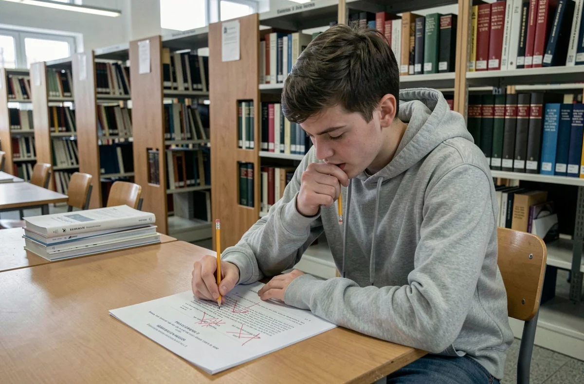 Lycéen corrigeant des exercices sur le verbe connaître au passé simple dans une bibliothèque scolaire