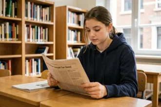Lycéenne lisant un article d'actualité fiable sur le lycée dans une bibliothèque scolaire