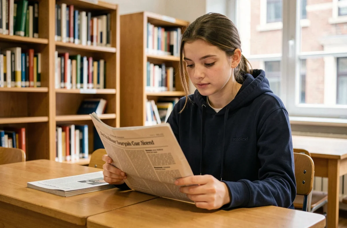 Lycéenne lisant un article d'actualité fiable sur le lycée dans une bibliothèque scolaire