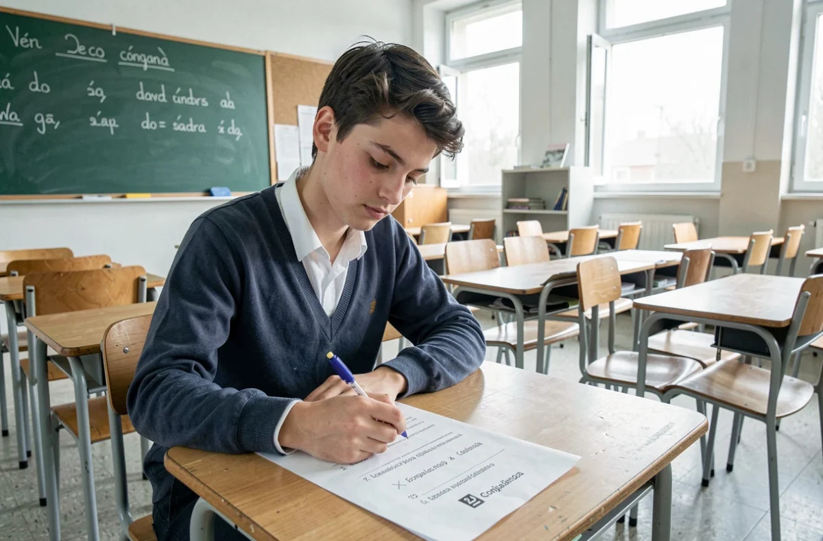 Lycéen concentré sur un examen d'espagnol avec des exercices de conjugaison du futur