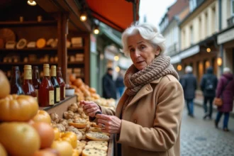 Femme parcourant un marché normand traditionnel avec des produits régionaux typiques comme le fromage et le cidre