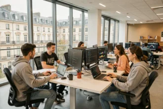 Groupe d'étudiants en informatique travaillant ensemble dans un espace collaboratif moderne d'une école en Gironde