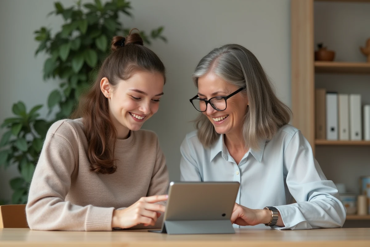 Mère et adolescente configurant ensemble un accès partagé sur une tablette au bureau familial