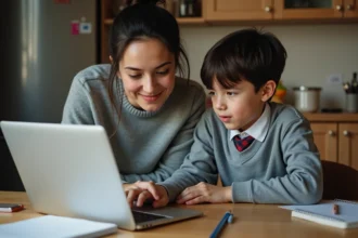 Mère aidant son fils à utiliser la plateforme numérique éducative ONE connect sur un ordinateur portable à la maison