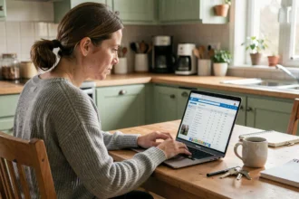 Mère consultant le carnet de notes de son enfant sur l'ENT depuis son ordinateur portable à la cuisine