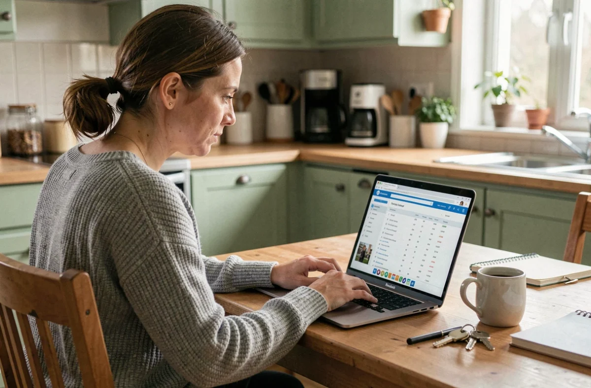 Mère consultant le carnet de notes de son enfant sur l'ENT depuis son ordinateur portable à la cuisine