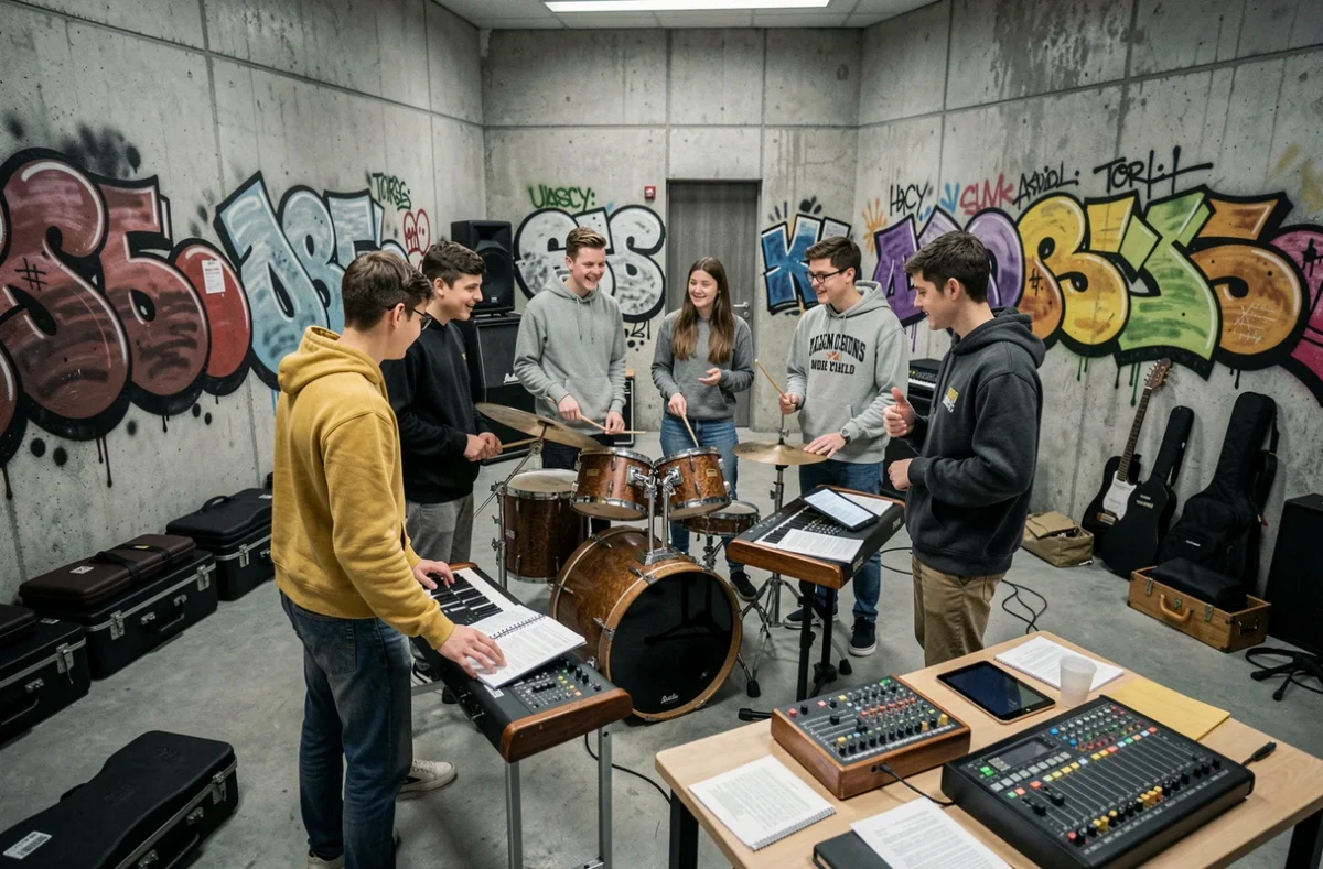 Des jeunes adultes en atelier musical à la Maison des Jeunes et de la Culture André Philip de Torcy