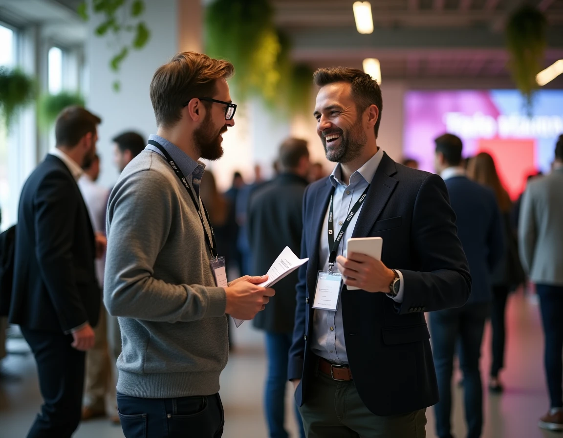 Deux professionnels en reconversion échangeant lors d'un événement digital parisien
