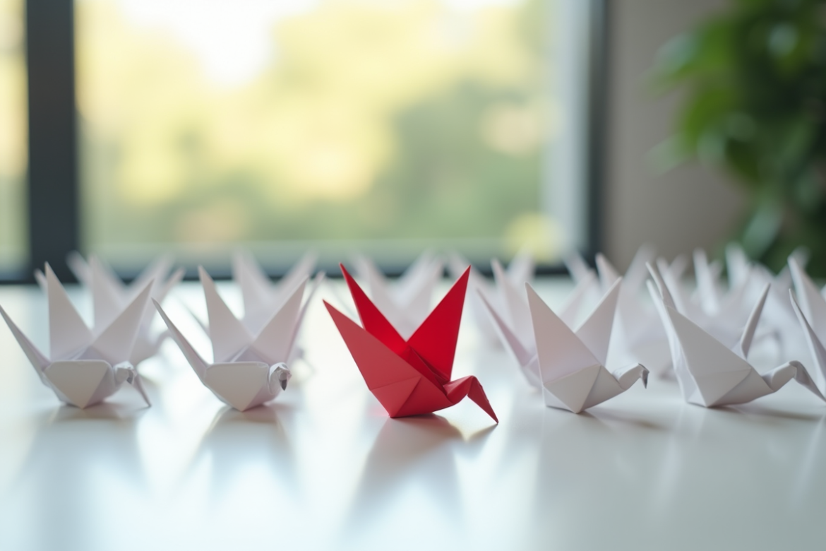 Oiseau origami rouge vif se démarquant parmi des oiseaux blancs