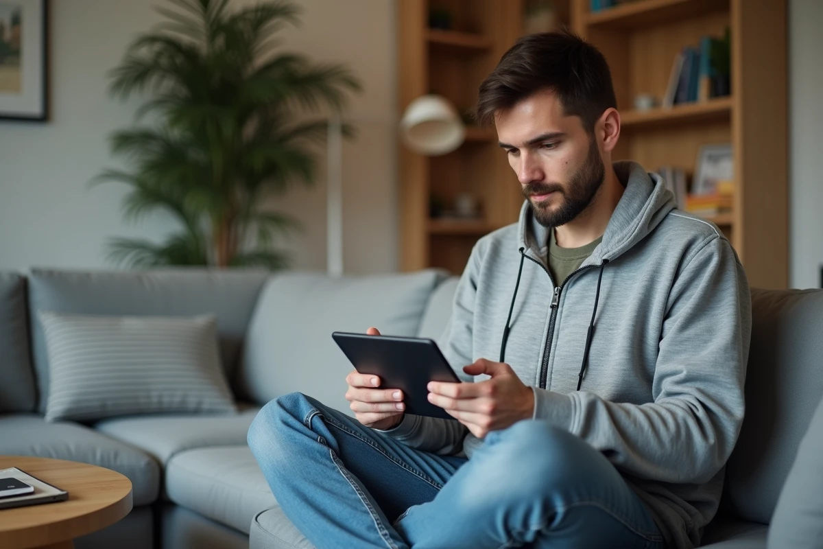 Homme configurant les paramètres de partage familial sur une tablette dans un salon moderne
