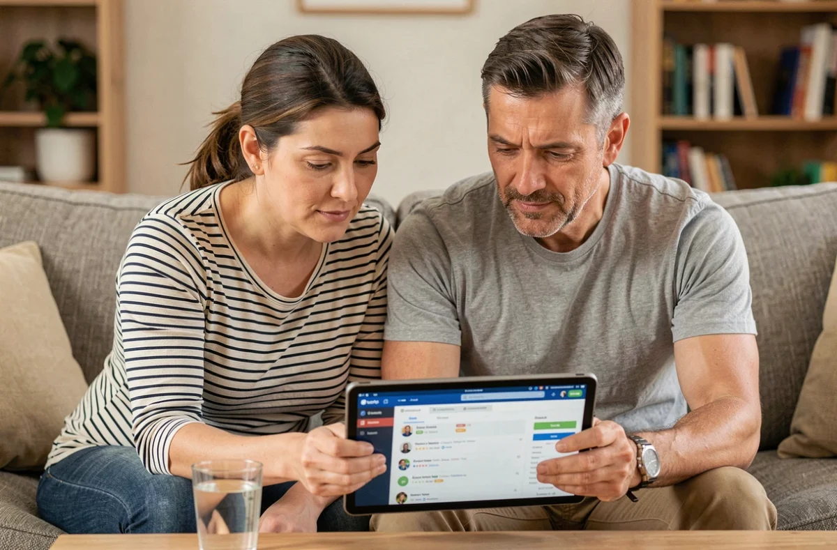 Deux parents consultant ensemble l'espace numérique de travail sur une tablette dans le salon