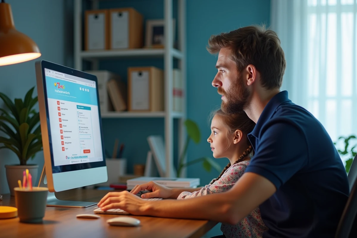 Père accompagnant sa fille dans la réalisation de ses devoirs en ligne sur la plateforme ONE opendigitaleducation depuis un bureau à domicile